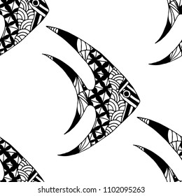 Fish. Seamless Pattern with Colorful Fish Hand Drawn in Childish Style. Sea Pattern for Textile, Fabric, Print. Bright Simple Texture in Trendy Colors. Vector Illustration.