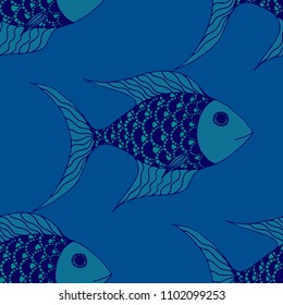 Fish. Seamless Pattern with Colorful Fish Hand Drawn in Zentangle Style. Sea Pattern for Paper, Chintz, Print. Bright Simple Texture in Trendy Colors. Vector Illustration.