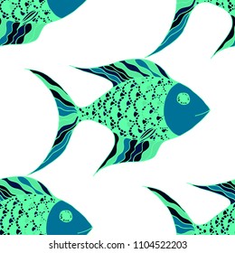 Fish. Seamless Pattern with Colorful Fish Hand Drawn in Zentangle Style. Sea Pattern for Textile, Fabric, Print. Bright Simple Texture in Trendy Colors. Vector Illustration.