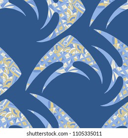 Fish. Seamless Pattern with Colorful Fish Hand Drawn in Zentangle Style. Sea Pattern for Paper, Fabric, Print. Bright Simple Texture in Trendy Colors. Vector Illustration.