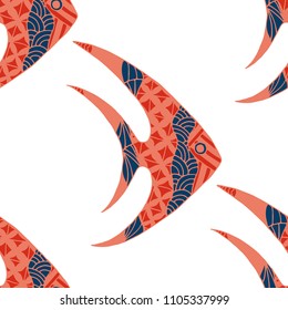 Fish. Seamless Pattern with Colorful Fish Hand Drawn in Comic Style. Sea Pattern for Textile, Fabric, Print. Bright Simple Texture in Trendy Colors. Vector Illustration.