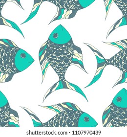 Fish. Seamless Pattern with Colorful Fish Hand Drawn in Childish Style. Sea Pattern for Paper, Chintz, Print. Bright Simple Texture in Trendy Colors. Vector Illustration.