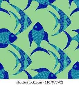 Fish. Seamless Pattern with Colorful Fish Hand Drawn in Zentangle Style. Sea Pattern for Paper, Fabric, Print. Bright Simple Texture in Trendy Colors. Vector Illustration.