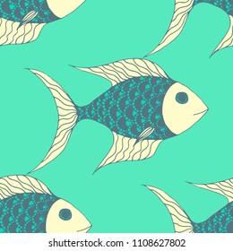 Fish. Seamless Pattern with Colorful Fish Hand Drawn in Childish Style. Sea Pattern for Paper, Chintz, Print. Bright Simple Texture in Trendy Colors. Vector Illustration.