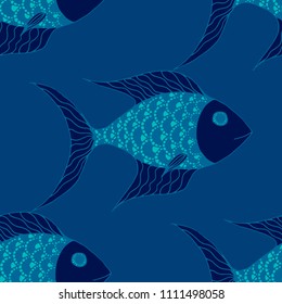 Fish. Seamless Pattern with Colorful Fish Hand Drawn in Comic Style. Sea Pattern for Paper, Fabric, Print. Bright Simple Texture in Trendy Colors. Vector Illustration.