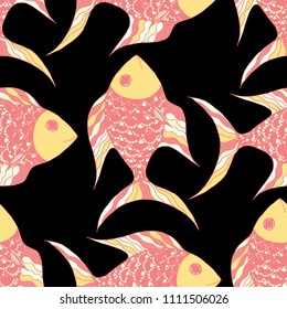 Fish. Seamless Pattern with Colorful Fish Hand Drawn in Comic Style. Sea Pattern for Paper, Chintz, Print. Bright Simple Texture in Trendy Colors. Vector Illustration.