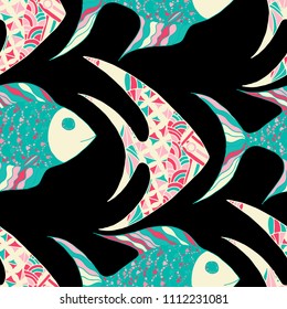 Fish. Seamless Pattern with Colorful Fish Hand Drawn in Zentangle Style. Sea Pattern for Textile, Fabric, Print. Bright Simple Texture in Trendy Colors. Vector Illustration.