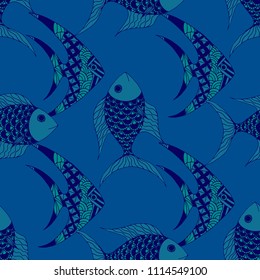 Fish. Seamless Pattern with Colorful Fish Hand Drawn in Comic Style. Sea Pattern for Paper, Fabric, Print. Bright Simple Texture in Trendy Colors. Vector Illustration.
