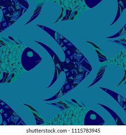 Fish. Seamless Pattern with Colorful Fish Hand Drawn in Primitive Style. Sea Pattern for Paper, Chintz, Swimwear. Bright Simple Texture in Trendy Colors. Vector Illustration.