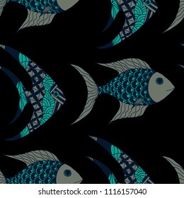 Fish. Seamless Pattern with Colorful Fish Hand Drawn in Zentangle Style. Sea Pattern for Paper, Chintz, Print. Bright Simple Texture in Trendy Colors. Vector Illustration.