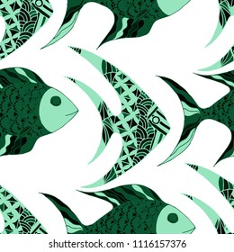 Fish. Seamless Pattern with Colorful Fish Hand Drawn in Doodle Style. Sea Pattern for Paper, Chintz, Print. Bright Simple Texture in Trendy Colors. Vector Illustration.
