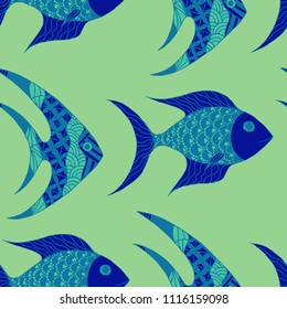 Fish. Seamless Pattern with Colorful Fish Hand Drawn in Zentangle Style. Sea Pattern for Paper, Chintz, Print. Bright Simple Texture in Trendy Colors. Vector Illustration.