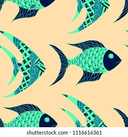 Fish. Seamless Pattern with Colorful Fish Hand Drawn in Childish Style. Sea Pattern for Paper, Chintz, Swimwear. Bright Simple Texture in Trendy Colors. Vector Illustration.