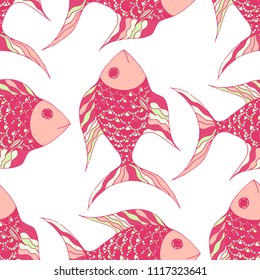 Fish. Seamless Pattern with Colorful Fish Hand Drawn in Zentangle Style. Sea Pattern for Textile, Fabric, Print. Bright Simple Texture in Trendy Colors. Vector Illustration.