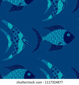 Fish. Seamless Pattern with Colorful Fish Hand Drawn in Doodle Style. Sea Pattern for Paper, Fabric, Print. Bright Simple Texture in Trendy Colors. Vector Illustration.