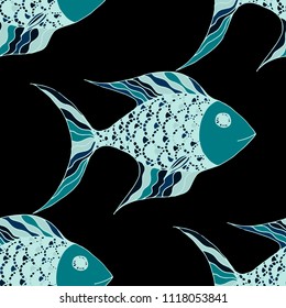 Fish. Seamless Pattern with Colorful Fish Hand Drawn in Doodle Style. Sea Pattern for Textile, Fabric, Print. Bright Simple Texture in Trendy Colors. Vector Illustration.