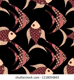 Fish. Seamless Pattern with Colorful Fish Hand Drawn in Childish Style. Sea Pattern for Paper, Chintz, Swimwear. Bright Simple Texture in Trendy Colors. Vector Illustration.
