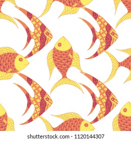Fish. Seamless Pattern with Colorful Fish Hand Drawn in Primitive Style. Sea Pattern for Textile, Fabric, Print. Bright Simple Texture in Trendy Colors. Vector Illustration.