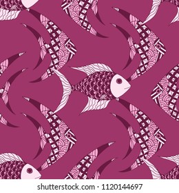 Fish. Seamless Pattern with Colorful Fish Hand Drawn in Primitive Style. Sea Pattern for Paper, Fabric, Print. Bright Simple Texture in Trendy Colors. Vector Illustration.