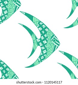 Fish. Seamless Pattern with Colorful Fish Hand Drawn in Zentangle Style. Sea Pattern for Textile, Fabric, Print. Bright Simple Texture in Trendy Colors. Vector Illustration.