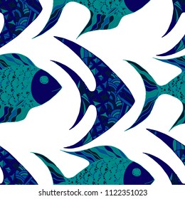 Fish. Seamless Pattern with Colorful Fish Hand Drawn in Doodle Style. Sea Pattern for Paper, Chintz, Swimwear. Bright Simple Texture in Trendy Colors. Vector Illustration.