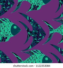 Fish. Seamless Pattern with Colorful Fish Hand Drawn in Primitive Style. Sea Pattern for Paper, Fabric, Print. Bright Simple Texture in Trendy Colors. Vector Illustration.