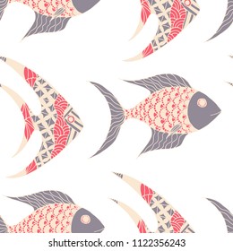 Fish. Seamless Pattern with Colorful Fish Hand Drawn in Comic Style. Sea Pattern for Paper, Fabric, Print. Bright Simple Texture in Trendy Colors. Vector Illustration.