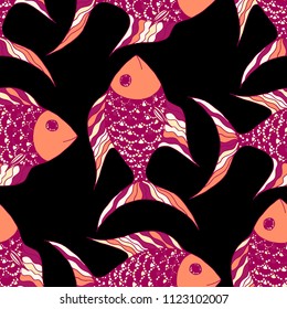 Fish. Seamless Pattern with Colorful Fish Hand Drawn in Doodle Style. Sea Pattern for Textile, Fabric, Print. Bright Simple Texture in Trendy Colors. Vector Illustration.