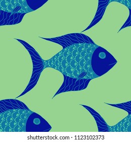 Fish. Seamless Pattern with Colorful Fish Hand Drawn in Zentangle Style. Sea Pattern for Paper, Chintz, Print. Bright Simple Texture in Trendy Colors. Vector Illustration.