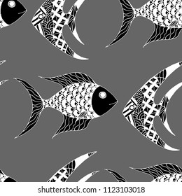 Fish. Seamless Pattern with Colorful Fish Hand Drawn in Comic Style. Sea Pattern for Textile, Fabric, Print. Bright Simple Texture in Trendy Colors. Vector Illustration.
