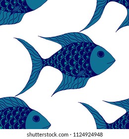 Fish. Seamless Pattern with Colorful Fish Hand Drawn in Childish Style. Sea Pattern for Textile, Fabric, Print. Bright Simple Texture in Trendy Colors. Vector Illustration.