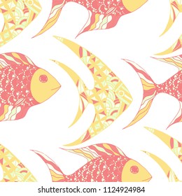 Fish. Seamless Pattern with Colorful Fish Hand Drawn in Childish Style. Sea Pattern for Paper, Chintz, Print. Bright Simple Texture in Trendy Colors. Vector Illustration.