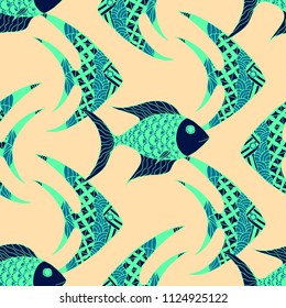 Fish. Seamless Pattern with Colorful Fish Hand Drawn in Comic Style. Sea Pattern for Textile, Fabric, Print. Bright Simple Texture in Trendy Colors. Vector Illustration.