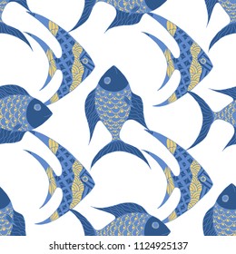 Fish. Seamless Pattern with Colorful Fish Hand Drawn in Primitive Style. Sea Pattern for Paper, Fabric, Print. Bright Simple Texture in Trendy Colors. Vector Illustration.