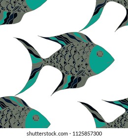 Fish. Seamless Pattern with Colorful Fish Hand Drawn in Comic Style. Sea Pattern for Paper, Fabric, Print. Bright Simple Texture in Trendy Colors. Vector Illustration.