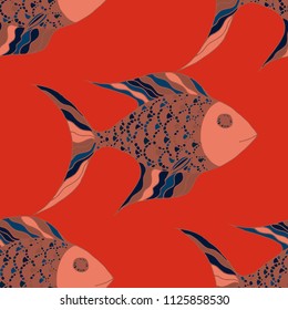 Fish. Seamless Pattern with Colorful Fish Hand Drawn in Childish Style. Sea Pattern for Paper, Chintz, Swimwear. Bright Simple Texture in Trendy Colors. Vector Illustration.