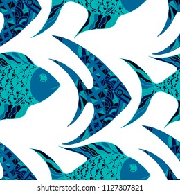 Fish. Seamless Pattern with Colorful Fish Hand Drawn in Doodle Style. Sea Pattern for Paper, Fabric, Print. Bright Simple Texture in Trendy Colors. Vector Illustration.