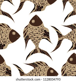 Fish. Seamless Pattern with Colorful Fish Hand Drawn in Comic Style. Sea Pattern for Paper, Chintz, Swimwear. Bright Simple Texture in Trendy Colors. Vector Illustration.