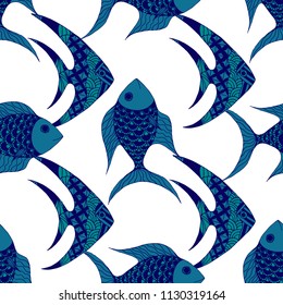 Fish. Seamless Pattern with Colorful Fish Hand Drawn in Primitive Style. Sea Pattern for Paper, Chintz, Print. Bright Simple Texture in Trendy Colors. Vector Illustration.