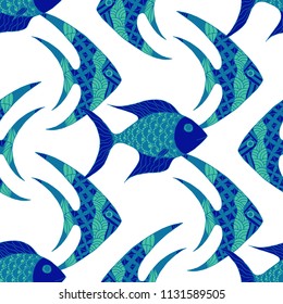 Fish. Seamless Pattern with Colorful Fish Hand Drawn in Comic Style. Sea Pattern for Paper, Chintz, Swimwear. Bright Simple Texture in Trendy Colors. Vector Illustration.
