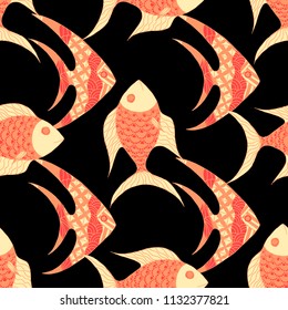 Fish. Seamless Pattern with Colorful Fish Hand Drawn in Childish Style. Sea Pattern for Paper, Chintz, Swimwear. Bright Simple Texture in Trendy Colors. Vector Illustration.