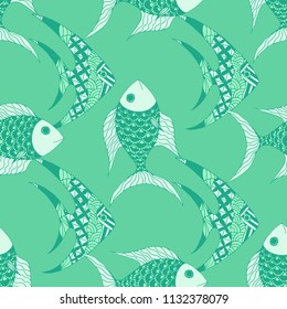 Fish. Seamless Pattern with Colorful Fish Hand Drawn in Zentangle Style. Sea Pattern for Paper, Chintz, Swimwear. Bright Simple Texture in Trendy Colors. Vector Illustration.