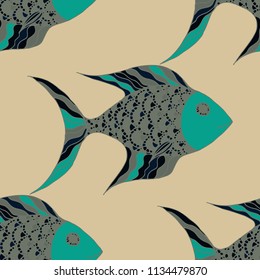 Fish. Seamless Pattern with Colorful Fish Hand Drawn in Doodle Style. Sea Pattern for Paper, Chintz, Swimwear. Bright Simple Texture in Trendy Colors. Vector Illustration.
