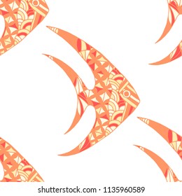 Fish. Seamless Pattern with Colorful Fish Hand Drawn in Primitive Style. Sea Pattern for Paper, Chintz, Swimwear. Bright Simple Texture in Trendy Colors. Vector Illustration.