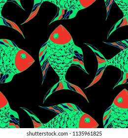Fish. Seamless Pattern with Colorful Fish Hand Drawn in Doodle Style. Sea Pattern for Paper, Chintz, Print. Bright Simple Texture in Trendy Colors. Vector Illustration.