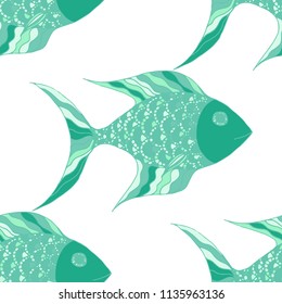 Fish. Seamless Pattern with Colorful Fish Hand Drawn in Comic Style. Sea Pattern for Textile, Fabric, Print. Bright Simple Texture in Trendy Colors. Vector Illustration.
