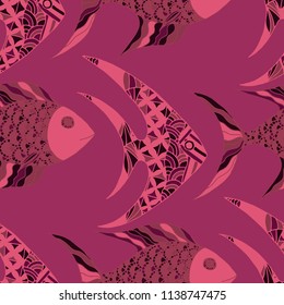 Fish. Seamless Pattern with Colorful Fish Hand Drawn in Primitive Style. Sea Pattern for Paper, Fabric, Print. Bright Simple Texture in Trendy Colors. Vector Illustration.