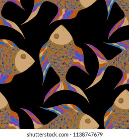 Fish. Seamless Pattern with Colorful Fish Hand Drawn in Primitive Style. Sea Pattern for Paper, Chintz, Print. Bright Simple Texture in Trendy Colors. Vector Illustration.