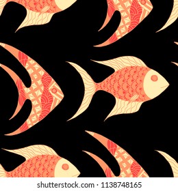 Fish. Seamless Pattern with Colorful Fish Hand Drawn in Childish Style. Sea Pattern for Textile, Fabric, Print. Bright Simple Texture in Trendy Colors. Vector Illustration.
