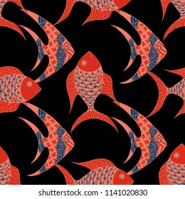 Fish. Seamless Pattern with Colorful Fish Hand Drawn in Childish Style. Sea Pattern for Paper, Fabric, Print. Bright Simple Texture in Trendy Colors. Vector Illustration.